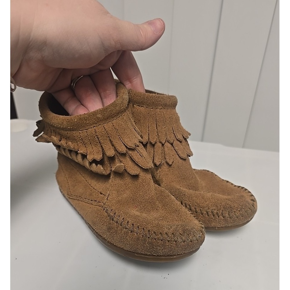 Minnetonka Brown Suede Moccasins Double Fringe Ankle Bootie‎ Girls Size 10